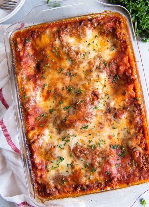 Baked lasagna in a baking dish.